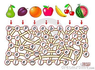 Logic puzzle game for study English with labyrinth. Find the way from each fruit and join letters so you can read the words. Vector Illustration