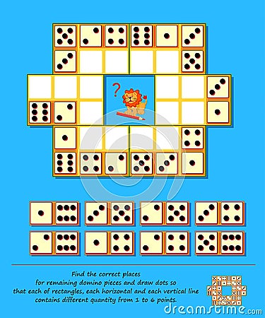 Logic puzzle game. Sudoku with dominoes. Find correct places for remaining pieces and draw dots so that each of rectangles, each Vector Illustration