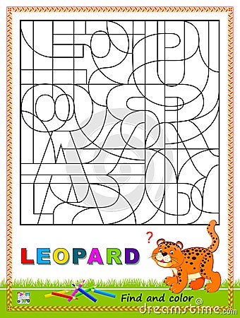 Logic puzzle game to study English or French with maze. Find letters and paint them. Read the word. Coloring book for children. Vector Illustration