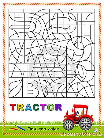 Logic puzzle game to study English or Spanish with maze. Find letters and paint them. Read the word. Coloring book for children. Vector Illustration