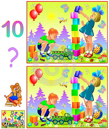 Logic puzzle game for young children. Need to find ten differences. Vector Illustration