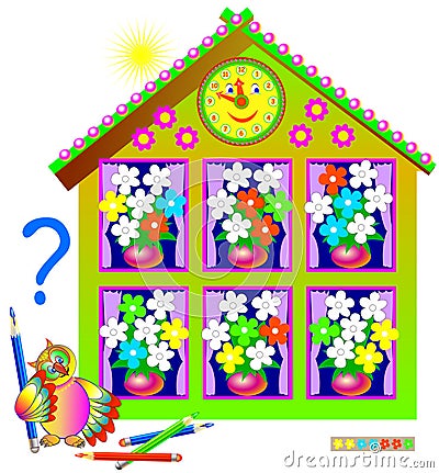 Logic puzzle game for young children. Need to paint the white flowers so that each bouquet will contain the same set. Vector Illustration