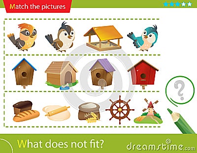 Logic puzzle for kids. What does not fit? Birds. Birdhouses. Bread making. Education game for children. Worksheet vector design Vector Illustration