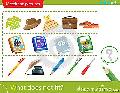 Logic puzzle for kids. What does not fit? Clothing or clothes. Books. Writing tools. Education game for children. Worksheet vector Vector Illustration