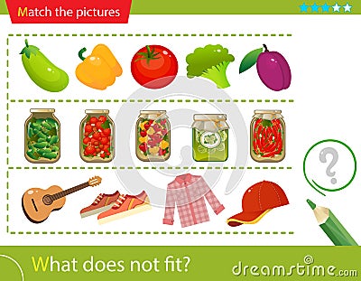 Logic puzzle for kids. What does not fit? Clothing. Vegetables. Pickles. Education game for children. Worksheet vector design for Vector Illustration