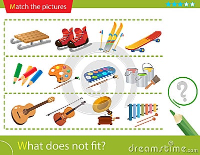 Logic puzzle for kids. What does not fit? Winter active recreation. Paints. Musical instruments. Education game for children. Vector Illustration