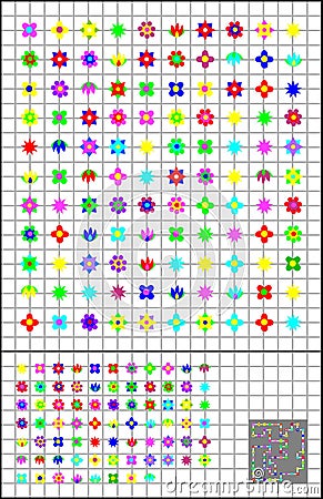 Logic puzzles on a square paper. Join flowers by straight line to get closed circuit. Each flower you have to cross once. Vector Illustration