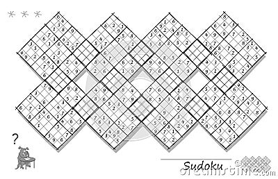 Logic Sudoku diagonal game for children and adults. Big puzzle with 8 squares, difficult level. Printable page for kids brain Vector Illustration