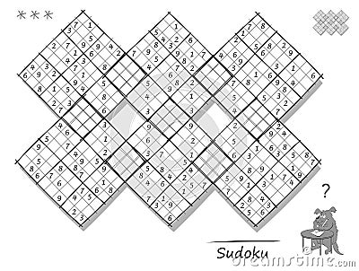 Logic Sudoku diagonal game for children and adults. Big puzzle with 6 squares, difficult level. Printable page for kids brain Vector Illustration