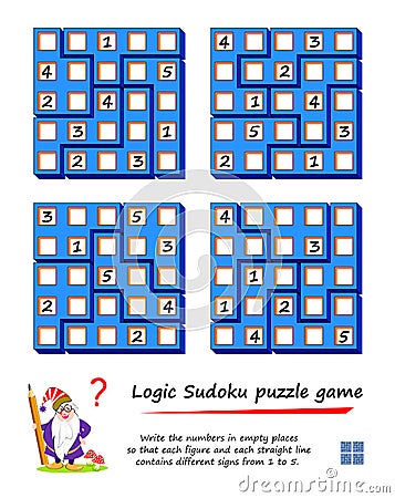 Logic Sudoku puzzle game for children. Write the numbers in empty places so that each figure and each straight line contains Vector Illustration