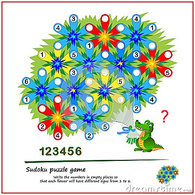 Logic Sudoku puzzle game for children. Write the numbers in empty places so that each flower will have different signs from 1 to 6 Vector Illustration