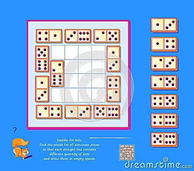 Logic Sudoku puzzle game for kids. Find places for all dominoes so each straight line contains different quantity of dots. Brain Vector Illustration