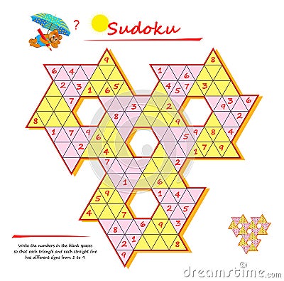 Logic Sudoku puzzle game for smartest. Write the numbers in the blank spaces so that each triangle and each straight line has Vector Illustration