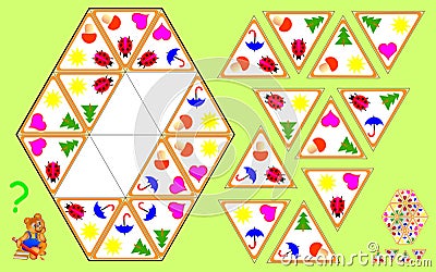 Logic Triominoes puzzle. Need to find four remaining triangles and to draw them at the correct places. Vector Illustration