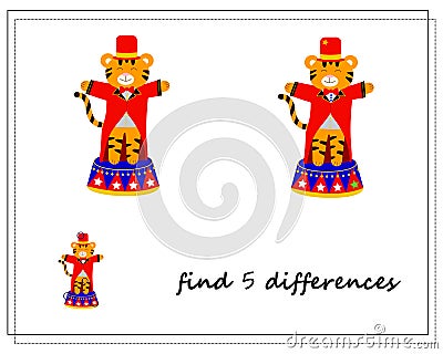 A logical game for children, find the differences. Tiger in the circus, Chinese New Year. the vector Vector Illustration