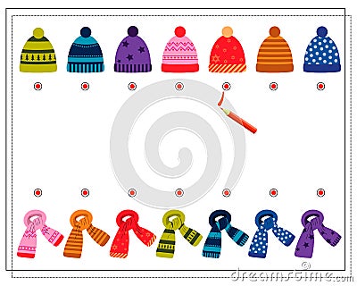 A logical game for children. find a pair for a scarf hat. vector isolated on a white background Vector Illustration