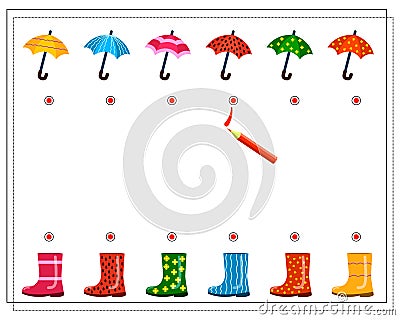 A logical game for children, find a pair for an umbrella and a boot with the same pattern. Vector Vector Illustration