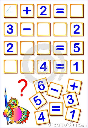 Logical math exercises for kids. Need to find the missing details, solved examples and write the numbers in relevant places. Vector Illustration