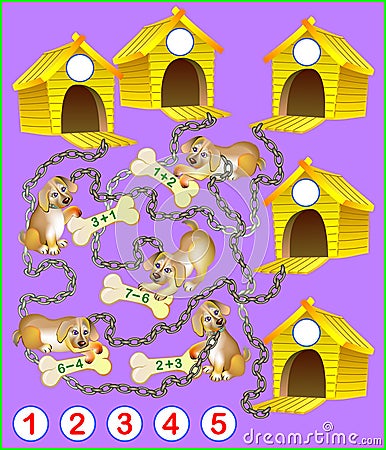 Logical math exercises for kids. Need to solve examples, find a house for every puppy and write the numbers in relevant circles. Vector Illustration