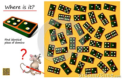 Logical puzzle game for children and adults. Need to find place where is the same piece of domino. Vector Illustration