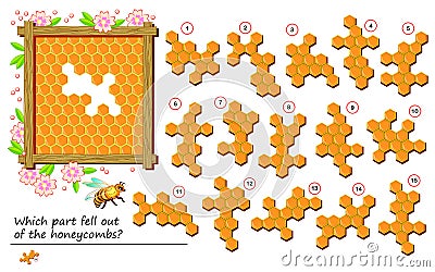 Logical puzzle game for children and adults. Which part fell out of the honeycombs? Printable page for kids brain teaser book. Vector Illustration