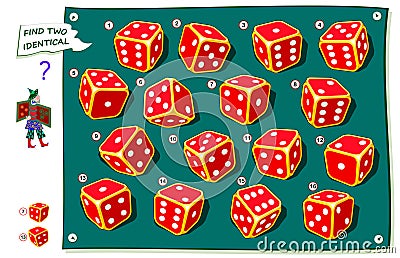 Logical puzzle game for kids and adults. Find two identical dices. Printable page for brainteaser book. Vector Illustration