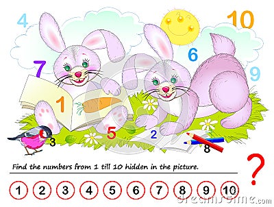 Logical puzzle game for kids. Math exercise for little children. Find hidden numbers from 1 till 10. Vector Illustration