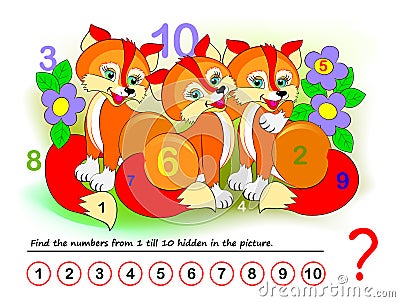 Logical puzzle game for kids. Math exercise for little children. Find hidden numbers from 1 till 10. Vector Illustration