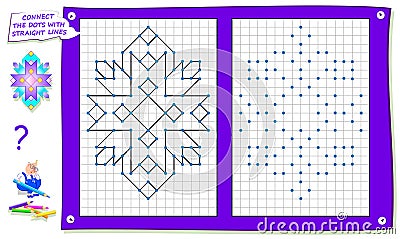 Logical puzzle game for kids on square paper. Repeat the image by example, connect the dots with straight lines. Vector Illustration