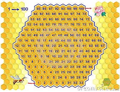 Logical puzzle game with labyrinth for children and adults. Find way from number 1 till 100. Vector Illustration