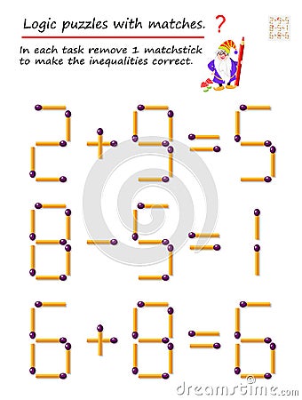 Logical puzzle game with matches. In each task remove 1 matchstick to make the inequalities correct. Vector Illustration