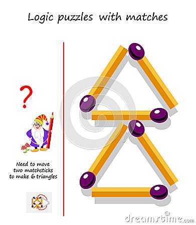 Logical puzzle game with matches. Need to move 2 matchsticks to make 6 triangles. Printable page for brain teaser book. Vector Illustration