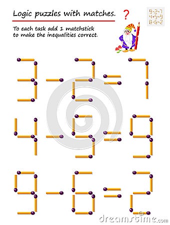 Logical puzzle game with matches. To each task add 1 matchstick to make the inequalities correct. Vector Illustration