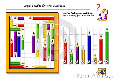 Logical puzzle game for smartest. Need to find a place and draw the remaining pencils in the box. Vector Illustration