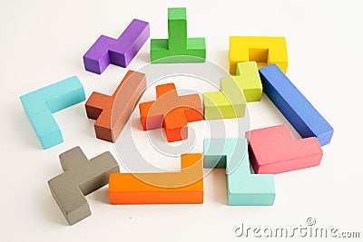 Logical thinking and problem solving problem solution creative business, wooden puzzle geometric block shape Stock Photo