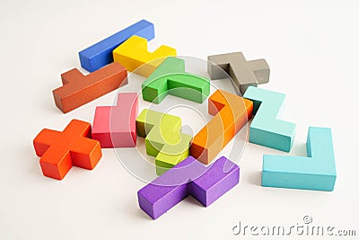 Logical thinking and problem solving problem solution creative business, wooden puzzle geometric block shape Stock Photo
