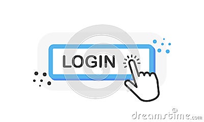 Login blue 3D button with hand pointer clicking. White background. Vector Vector Illustration