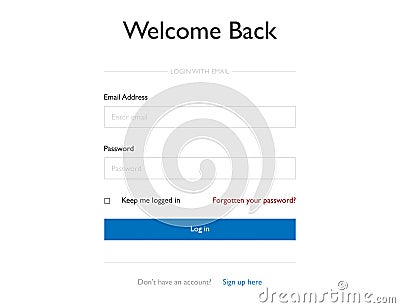 Login form for members. Sign in mockup window. Template form for user with email and password fields. Forgotten password text. Vector Illustration