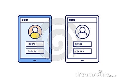 Login form, website, register, authorizing page, sign up. Mobile, tablet app, application. Username, password. Account Vector Illustration
