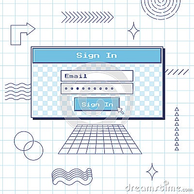 Login and password input dialog box. Retro vintage style. Aesthetics of an old computer of the 90s. Retro user interface. Vector Illustration