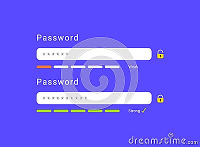 Login password weak strong account registration. Login password form app vector website Vector Illustration