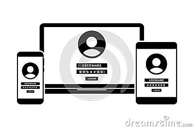 Login to account. Password security access on laptop phone. Verification code. Private authorization sign. Authentication login fr Vector Illustration
