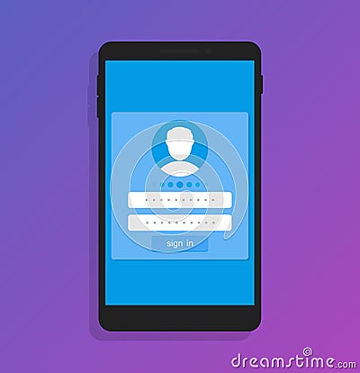 Login to application account on smartphone, flat design style isolated on ultraviolet background. Vector illustration Vector Illustration