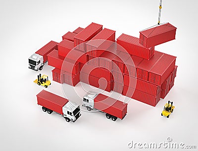 Logistic business with group of logistic trailer trucks and stack of containers Stock Photo