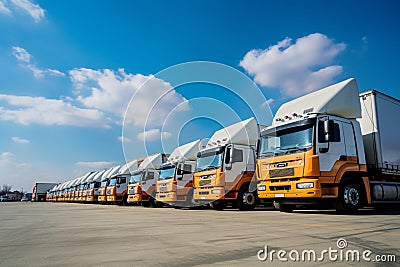 A logistic companys yard full of trucks ready for commercial freight transportation Stock Photo