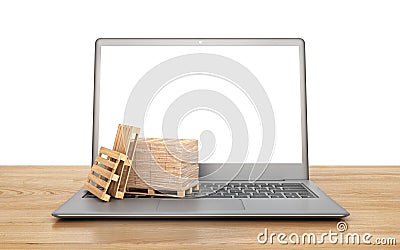 Logistic concept. Cardboard boxes on a notebook keyboard. 3d Cartoon Illustration