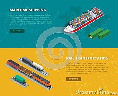 Logistic concept flat banners of maritime shipping, rail transportation. On-time delivery. Delivery and logistic. Vector Vector Illustration