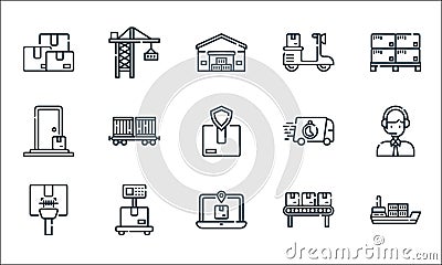 Logistic and delivery line icons. linear set. quality vector line set such as ship, location, barcode, assembly line, weighing Vector Illustration