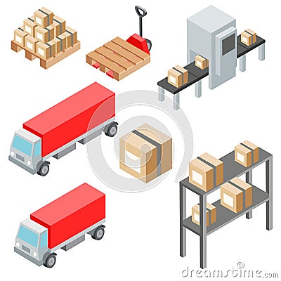 Logistic isometric objects, icons, cars and cargo equipment. Vector illustration EPS10. Vector Illustration