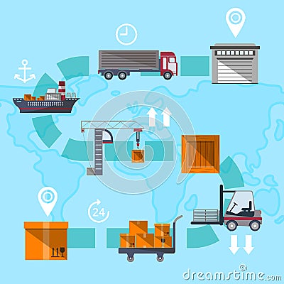 Logistic management concept with goods route Cartoon Illustration